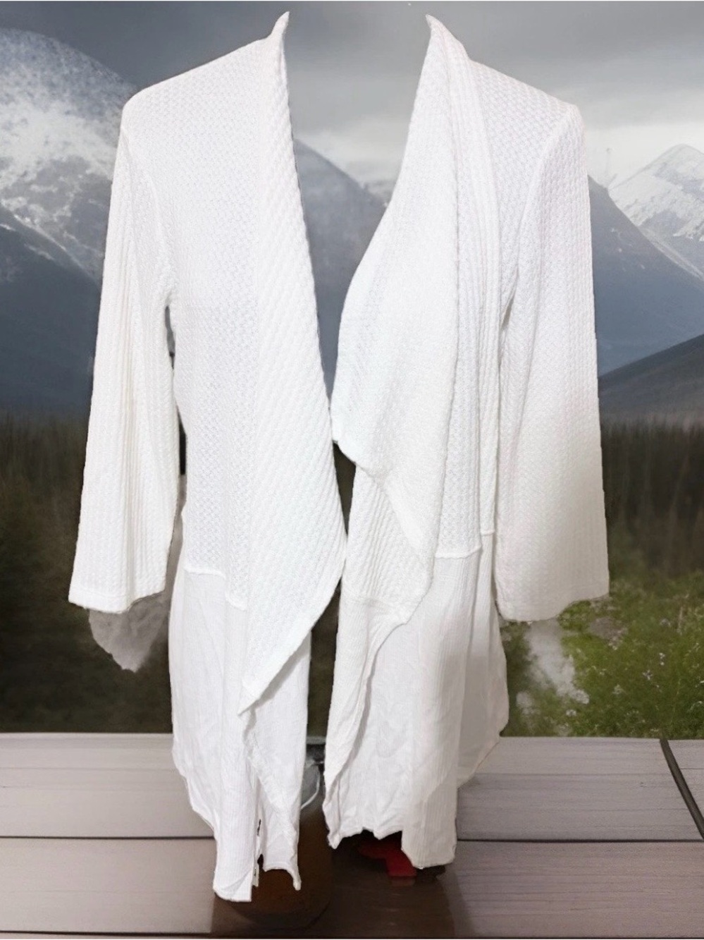 Maurices White Mixed-Media Waffle Knit Draped Open Front Cardigan size large